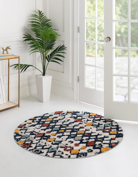 Multicolor 4' x 4' Cherokee Round Area Rug 100% Polypropylene With Cotton Backing Modern Geometric Carpet for Home Decor Interior Design Rooms for Sale at Rug Engine