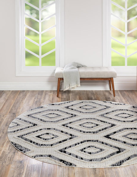 Black and White 4' x 4' Cherokee Round Area Rug 100% Polypropylene With Cotton Backing Modern Geometric Carpet for Home Decor Interior Design Rooms for Sale at Rug Engine