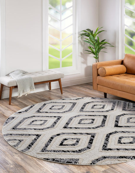 Black and White 7' x 7' Cherokee Round Area Rug 100% Polypropylene With Cotton Backing Modern Geometric Carpet for Home Decor Interior Design Rooms for Sale at Rug Engine