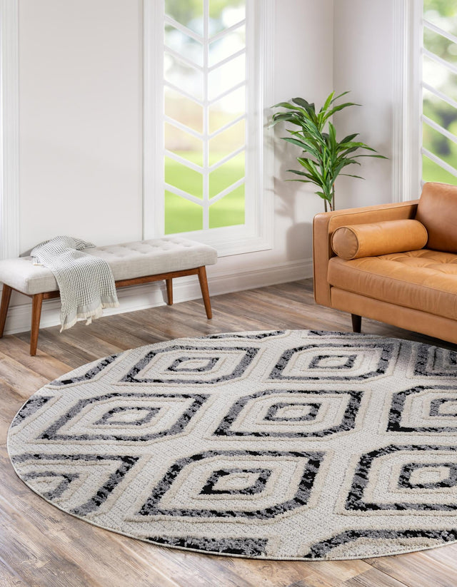 Black and White 4' x 4' Cherokee Round Area Rug 100% Polypropylene With Cotton Backing Modern Geometric Carpet for Home Decor Interior Design Rooms for Sale at Rug Engine