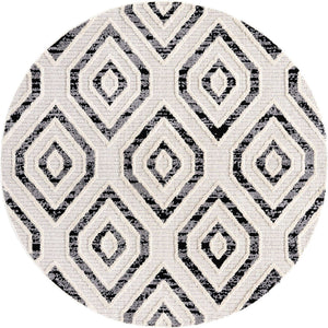 Black and White 7' x 7' Cherokee Round Area Rug 100% Polypropylene With Cotton Backing Modern Geometric Carpet for Home Decor Interior Design Rooms for Sale at Rug Engine