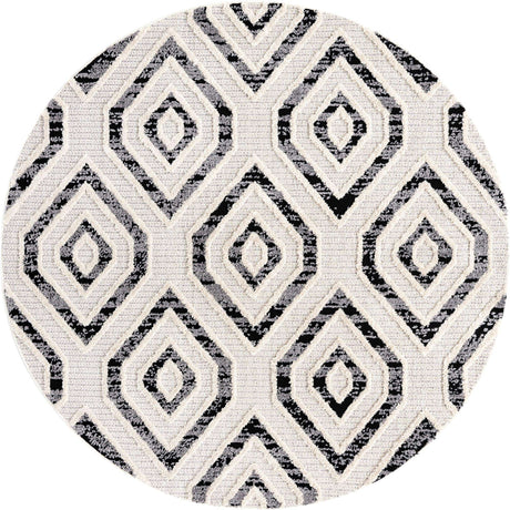 Black and White 7' x 7' Cherokee Round Area Rug 100% Polypropylene With Cotton Backing Modern Geometric Carpet for Home Decor Interior Design Rooms for Sale at Rug Engine
