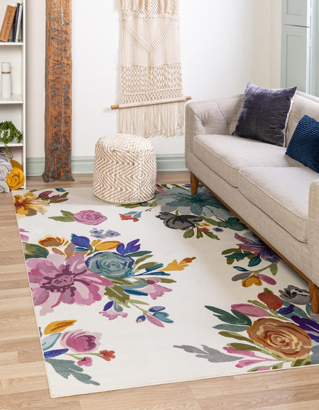 Ivory 7' 10 x 11' Blossom Rectangle Area Rug 100% Polypropylene With Cotton Backing Easy Clean Colorful Blooming Blossoming Flower Floral Plant Carpet for Living Dining Room Office Dorms for Sale at Rug Engine