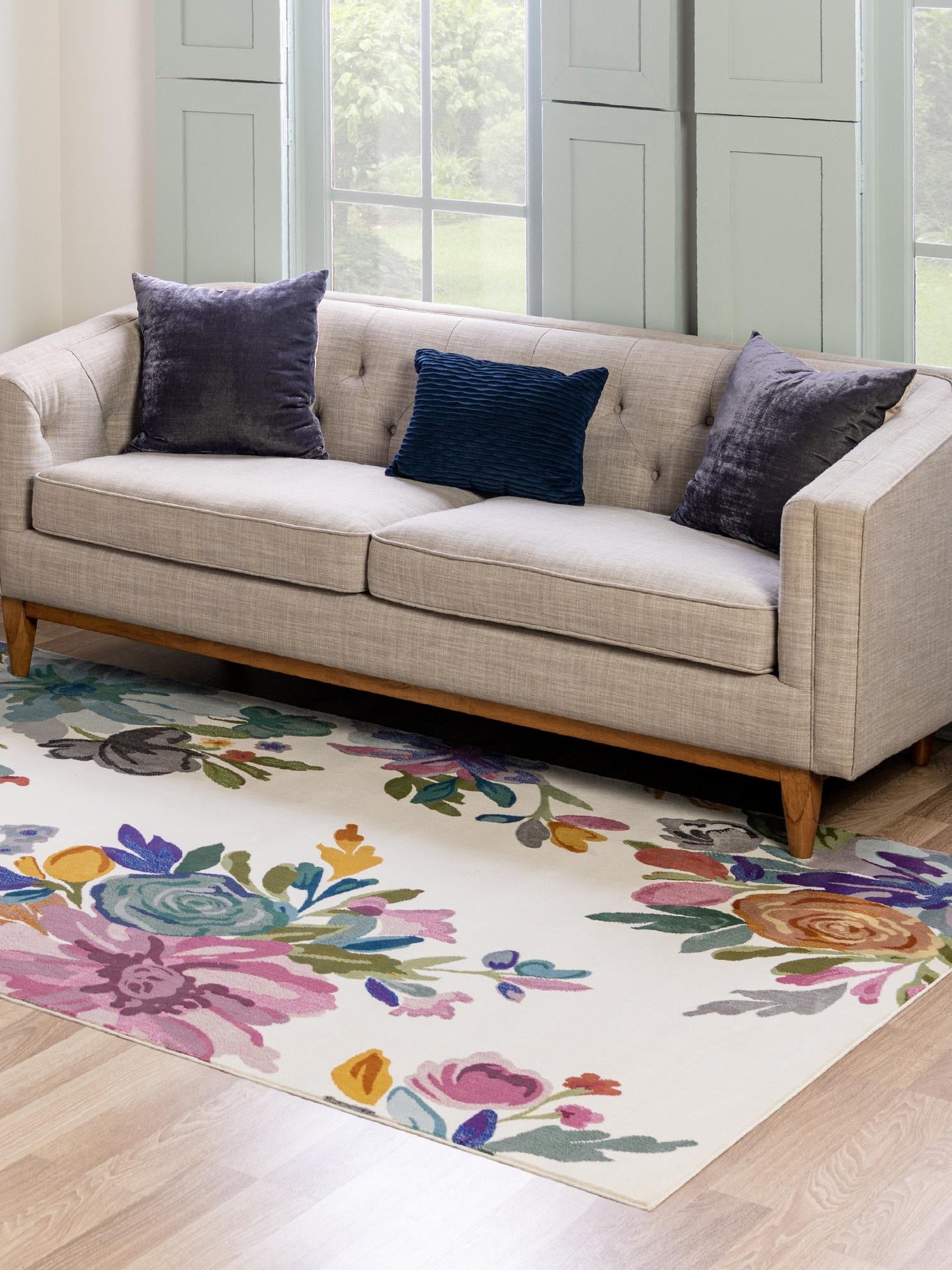 Ivory 7' 10 x 10' Blossom Rectangle Area Rug 100% Polypropylene With Cotton Backing Easy Clean Colorful Blooming Blossoming Flower Floral Plant Carpet for Living Dining Room Office Dorms for Sale at Rug Engine