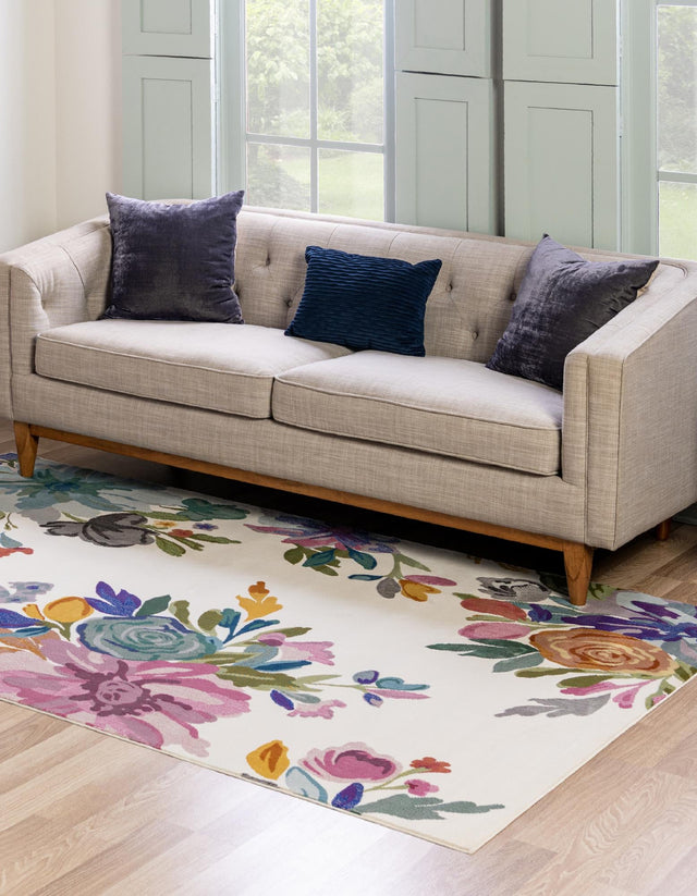 Ivory 7' 10 x 10' Blossom Rectangle Area Rug 100% Polypropylene With Cotton Backing Easy Clean Colorful Blooming Blossoming Flower Floral Plant Carpet for Living Dining Room Office Dorms for Sale at Rug Engine