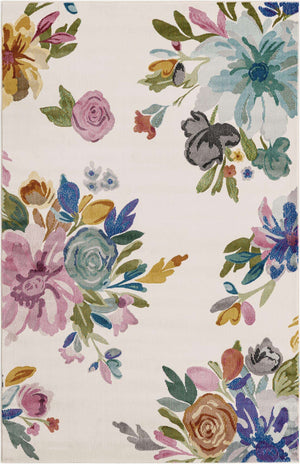 Ivory 4' x 6' Blossom Rectangle Area Rug 100% Polypropylene With Cotton Backing Easy Clean Colorful Blooming Blossoming Flower Floral Plant Carpet for Living Dining Room Office Dorms for Sale at Rug Engine