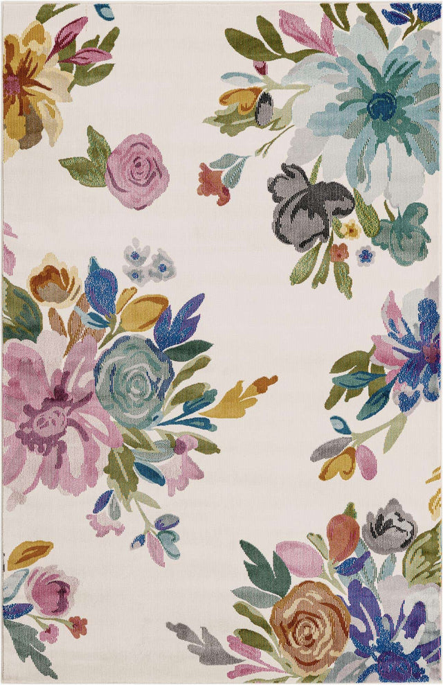 Ivory 4' x 6' Blossom Rectangle Area Rug 100% Polypropylene With Cotton Backing Easy Clean Colorful Blooming Blossoming Flower Floral Plant Carpet for Living Dining Room Office Dorms for Sale at Rug Engine
