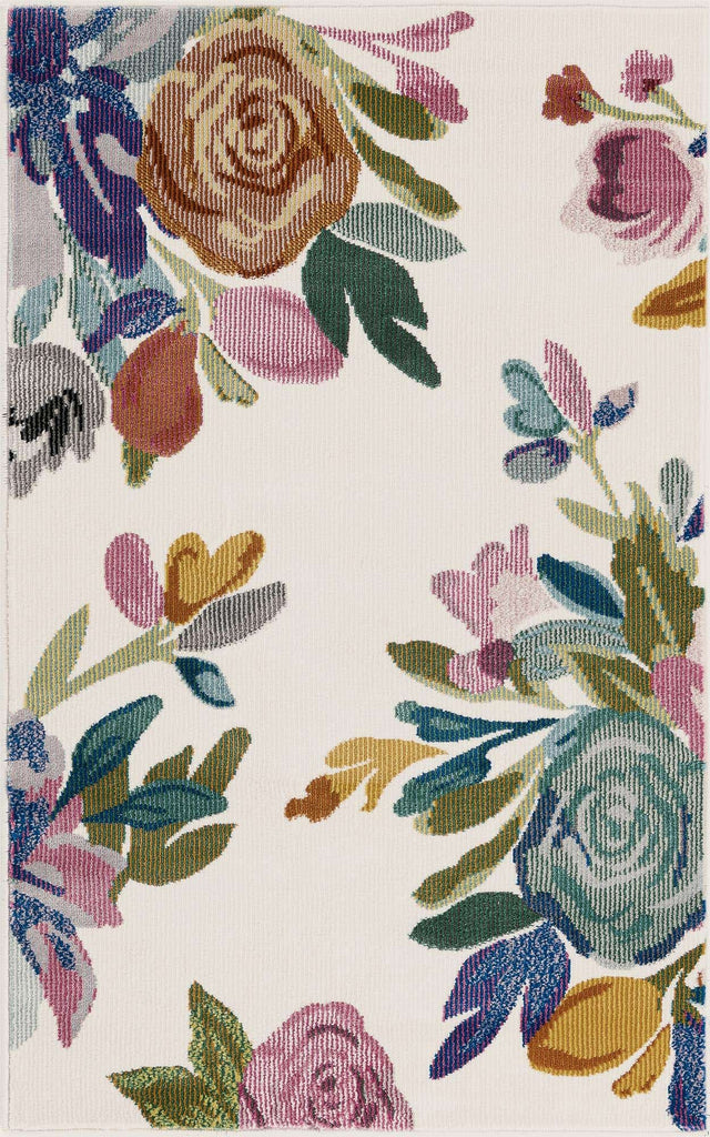 Ivory 2' x 3' Blossom Rectangle Area Rug 100% Polypropylene With Cotton Backing Easy Clean Colorful Blooming Blossoming Flower Floral Plant Carpet for Living Dining Room Office Dorms for Sale at Rug Engine