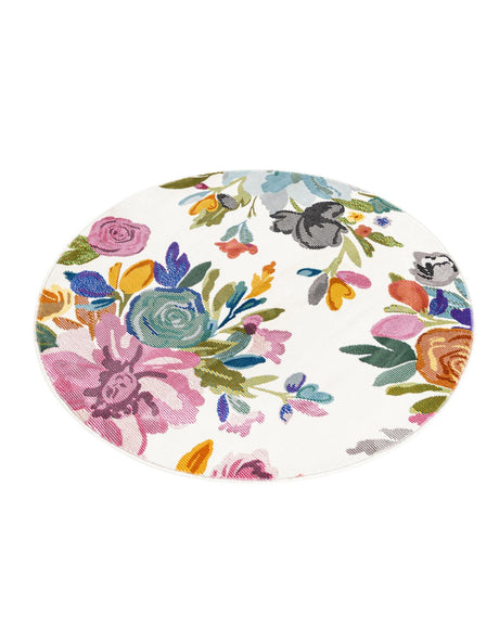 Ivory 3' 3 x 3' 3 Blossom Round Area Rug 100% Polypropylene With Cotton Backing Easy Clean Colorful Blooming Blossoming Flower Floral Plant Carpet for Living Dining Room Office Dorms for Sale at Rug Engine