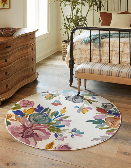 Ivory 10' x 10' Blossom Round Area Rug 100% Polypropylene With Cotton Backing Easy Clean Colorful Blooming Blossoming Flower Floral Plant Carpet for Living Dining Room Office Dorms for Sale at Rug Engine