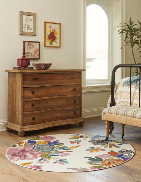 Ivory 3' 3 x 3' 3 Blossom Round Area Rug 100% Polypropylene With Cotton Backing Easy Clean Colorful Blooming Blossoming Flower Floral Plant Carpet for Living Dining Room Office Dorms for Sale at Rug Engine