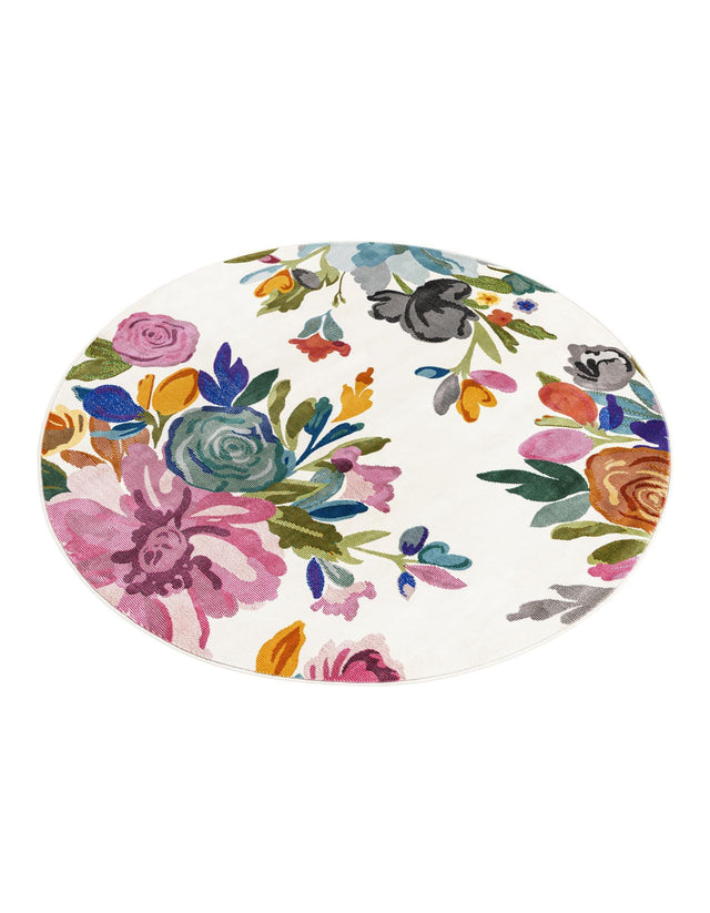 Ivory 5' 3 x 5' 3 Blossom Round Area Rug 100% Polypropylene With Cotton Backing Easy Clean Colorful Blooming Blossoming Flower Floral Plant Carpet for Living Dining Room Office Dorms for Sale at Rug Engine