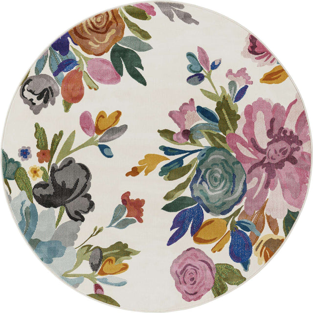 Ivory 5' 3 x 5' 3 Blossom Round Area Rug 100% Polypropylene With Cotton Backing Easy Clean Colorful Blooming Blossoming Flower Floral Plant Carpet for Living Dining Room Office Dorms for Sale at Rug Engine