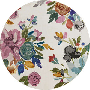 Ivory 10' x 10' Blossom Round Area Rug 100% Polypropylene With Cotton Backing Easy Clean Colorful Blooming Blossoming Flower Floral Plant Carpet for Living Dining Room Office Dorms for Sale at Rug Engine