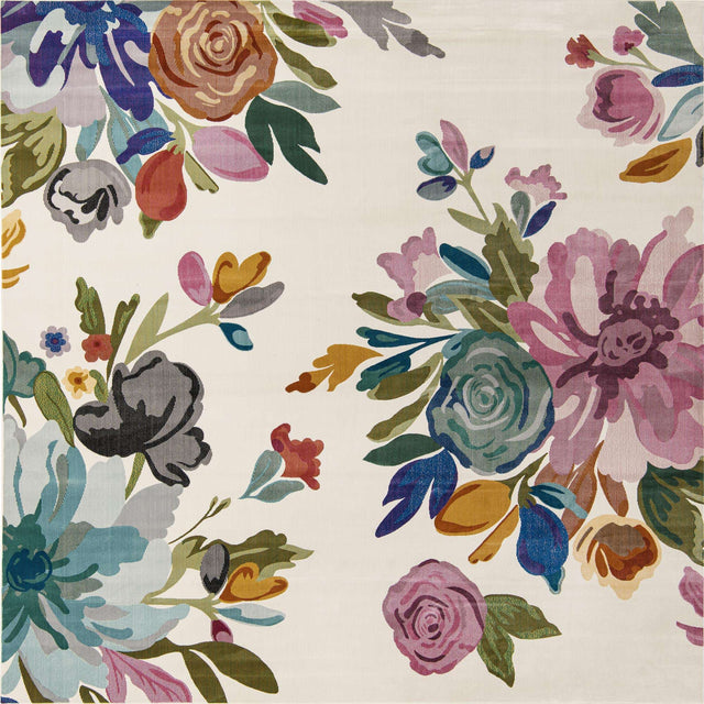 Ivory 10' x 10' Blossom Square Area Rug 100% Polypropylene With Cotton Backing Easy Clean Colorful Blooming Blossoming Flower Floral Plant Carpet for Living Dining Room Office Dorms for Sale at Rug Engine