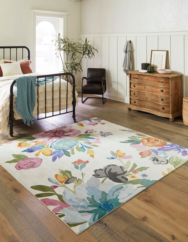 Ivory 7' 10 x 7' 10 Blossom Square Area Rug 100% Polypropylene With Cotton Backing Easy Clean Colorful Blooming Blossoming Flower Floral Plant Carpet for Living Dining Room Office Dorms for Sale at Rug Engine