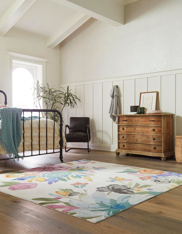 Ivory 7' 10 x 7' 10 Blossom Square Area Rug 100% Polypropylene With Cotton Backing Easy Clean Colorful Blooming Blossoming Flower Floral Plant Carpet for Living Dining Room Office Dorms for Sale at Rug Engine