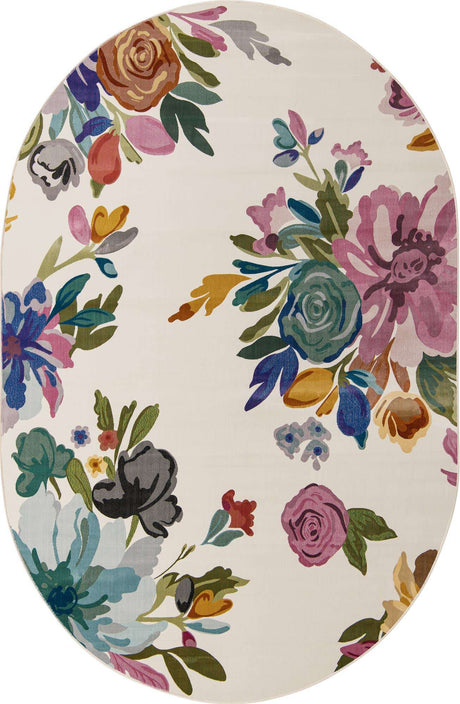 Ivory 4' x 6' Blossom Oval Area Rug 100% Polypropylene With Cotton Backing Easy Clean Colorful Blooming Blossoming Flower Floral Plant Carpet for Living Dining Room Office Dorms for Sale at Rug Engine