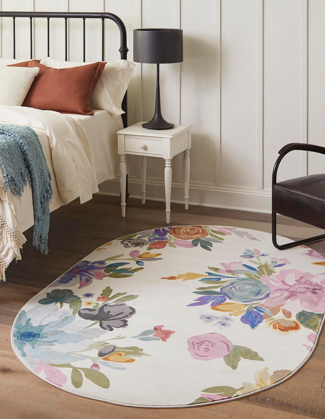 Ivory 6' 1 x 9' Blossom Oval Area Rug 100% Polypropylene With Cotton Backing Easy Clean Colorful Blooming Blossoming Flower Floral Plant Carpet for Living Dining Room Office Dorms for Sale at Rug Engine
