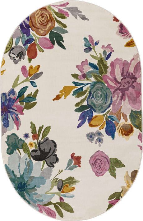 Ivory 5' 3 x 7' 10 Blossom Oval Area Rug 100% Polypropylene With Cotton Backing Easy Clean Colorful Blooming Blossoming Flower Floral Plant Carpet for Living Dining Room Office Dorms for Sale at Rug Engine