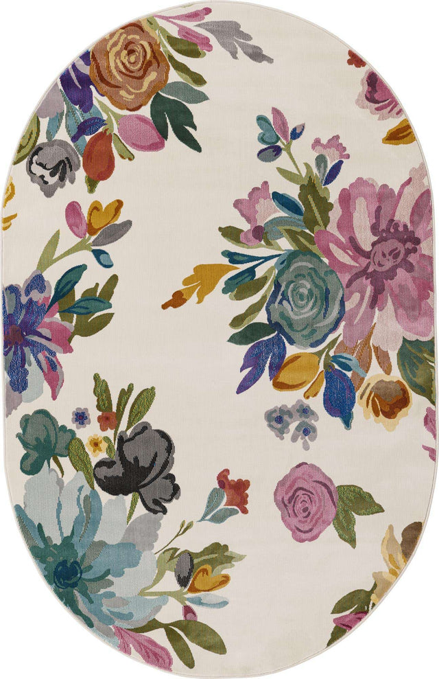 Ivory 5' 3 x 7' 10 Blossom Oval Area Rug 100% Polypropylene With Cotton Backing Easy Clean Colorful Blooming Blossoming Flower Floral Plant Carpet for Living Dining Room Office Dorms for Sale at Rug Engine