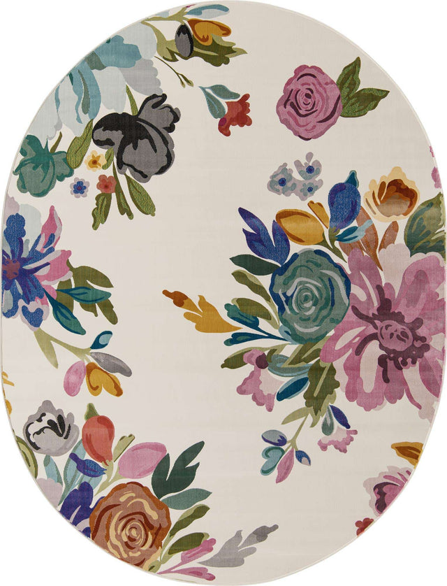 Ivory 7' 10 x 10' Blossom Oval Area Rug 100% Polypropylene With Cotton Backing Easy Clean Colorful Blooming Blossoming Flower Floral Plant Carpet for Living Dining Room Office Dorms for Sale at Rug Engine