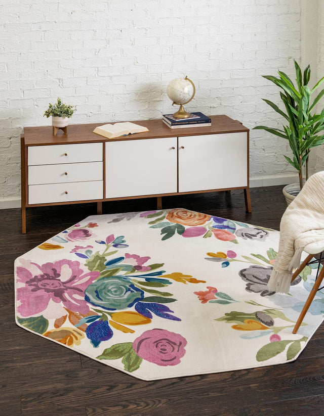 Ivory 6' x 6' Blossom Octagon Area Rug 100% Polypropylene With Cotton Backing Easy Clean Colorful Blooming Blossoming Flower Floral Plant Carpet for Living Dining Room Office Dorms for Sale at Rug Engine