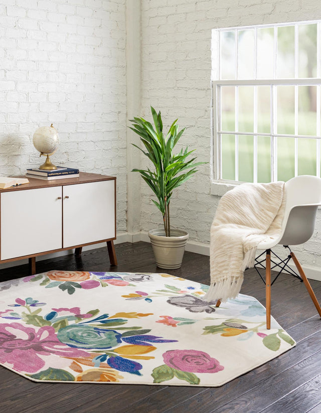Ivory 6' x 6' Blossom Octagon Area Rug 100% Polypropylene With Cotton Backing Easy Clean Colorful Blooming Blossoming Flower Floral Plant Carpet for Living Dining Room Office Dorms for Sale at Rug Engine