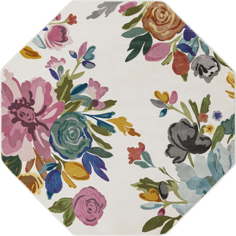 Ivory 6' x 6' Blossom Octagon Area Rug 100% Polypropylene With Cotton Backing Easy Clean Colorful Blooming Blossoming Flower Floral Plant Carpet for Living Dining Room Office Dorms for Sale at Rug Engine