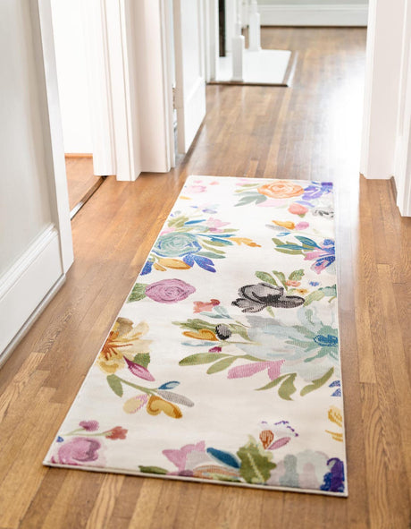 Ivory 2' 7 x 12' Blossom Runner Area Rug 100% Polypropylene With Cotton Backing Easy Clean Colorful Blooming Blossoming Flower Floral Plant Carpet for Living Dining Room Office Dorms for Sale at Rug Engine