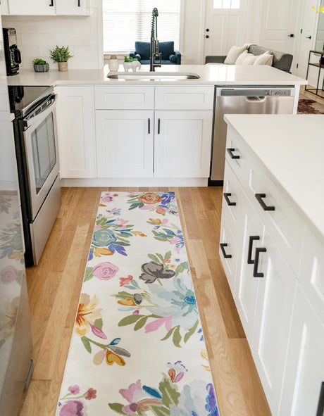Ivory 2' 7 x 12' Blossom Runner Area Rug 100% Polypropylene With Cotton Backing Easy Clean Colorful Blooming Blossoming Flower Floral Plant Carpet for Living Dining Room Office Dorms for Sale at Rug Engine