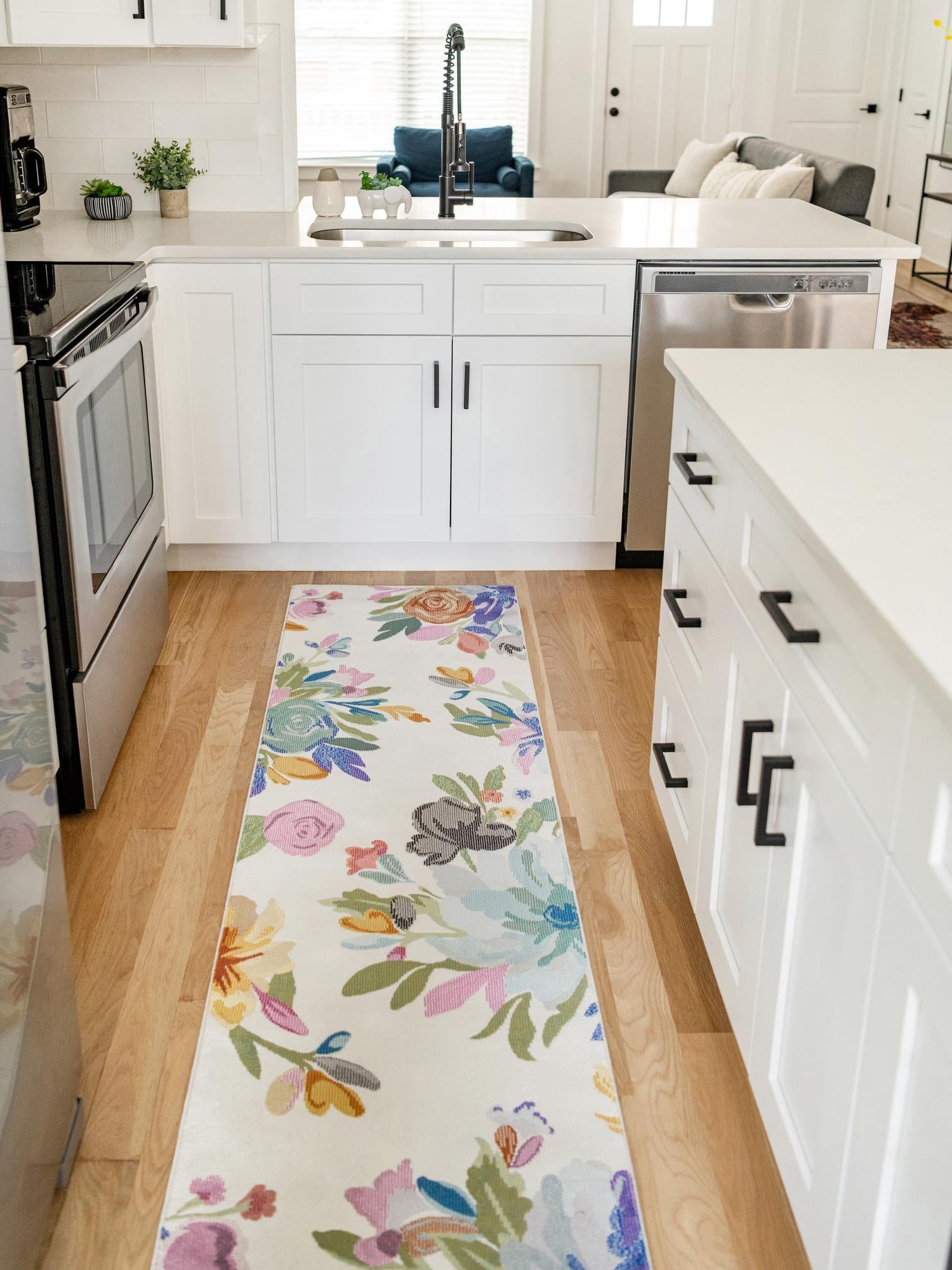 Ivory 2' 7 x 10' Blossom Runner Area Rug 100% Polypropylene With Cotton Backing Easy Clean Colorful Blooming Blossoming Flower Floral Plant Carpet for Living Dining Room Office Dorms for Sale at Rug Engine