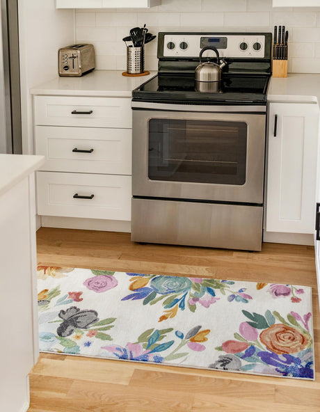Ivory 2' x 8' Blossom Runner Area Rug 100% Polypropylene With Cotton Backing Easy Clean Colorful Blooming Blossoming Flower Floral Plant Carpet for Living Dining Room Office Dorms for Sale at Rug Engine