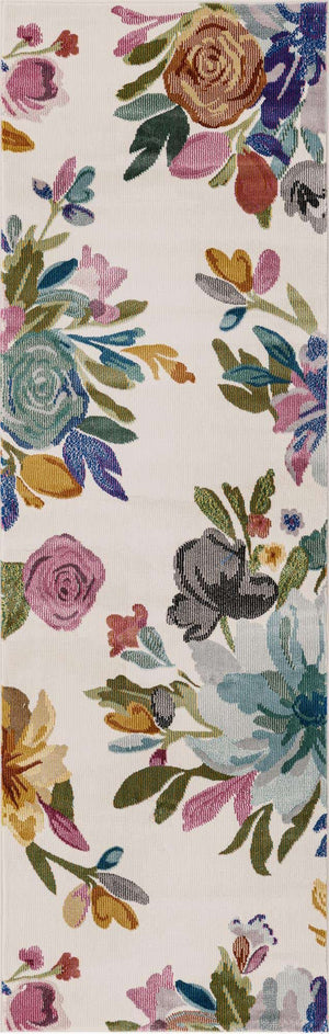 Ivory 2' x 6' Blossom Runner Area Rug 100% Polypropylene With Cotton Backing Easy Clean Colorful Blooming Blossoming Flower Floral Plant Carpet for Living Dining Room Office Dorms for Sale at Rug Engine