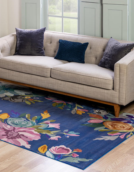 Blue 10' x 14' Blossom Rectangle Area Rug 100% Polypropylene With Cotton Backing Easy Clean Colorful Blooming Blossoming Flower Floral Plant Carpet for Living Dining Room Office Dorms for Sale at Rug Engine