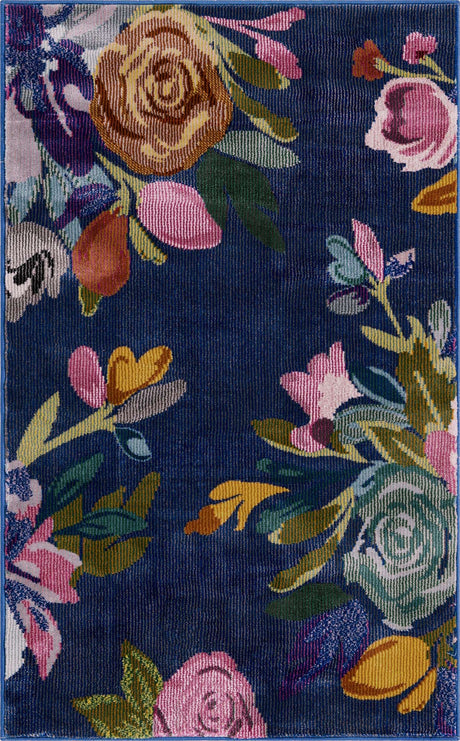 Blue 2' x 3' Blossom Rectangle Area Rug 100% Polypropylene With Cotton Backing Easy Clean Colorful Blooming Blossoming Flower Floral Plant Carpet for Living Dining Room Office Dorms for Sale at Rug Engine