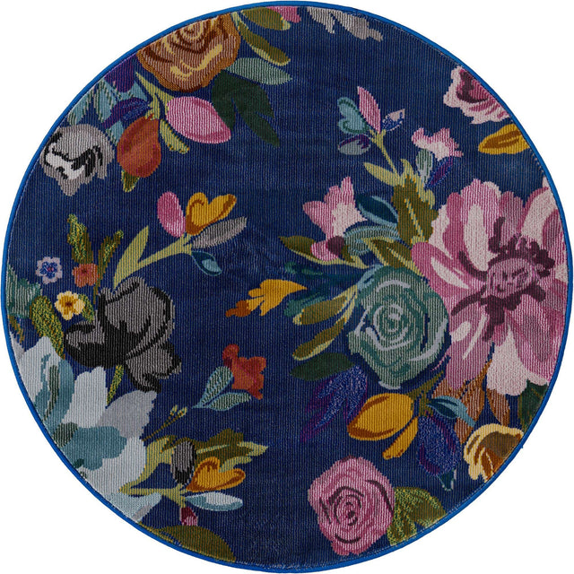 Blue 3' 3 x 3' 3 Blossom Round Area Rug 100% Polypropylene With Cotton Backing Easy Clean Colorful Blooming Blossoming Flower Floral Plant Carpet for Living Dining Room Office Dorms for Sale at Rug Engine