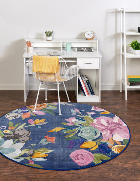Blue 10' x 10' Blossom Round Area Rug 100% Polypropylene With Cotton Backing Easy Clean Colorful Blooming Blossoming Flower Floral Plant Carpet for Living Dining Room Office Dorms for Sale at Rug Engine