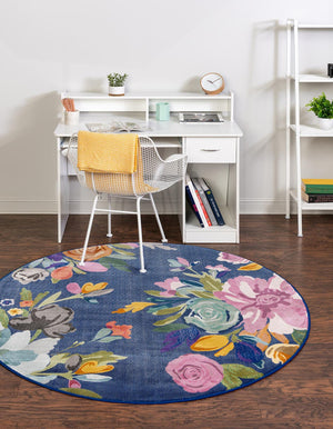 Blue 3' 3 x 3' 3 Blossom Round Area Rug 100% Polypropylene With Cotton Backing Easy Clean Colorful Blooming Blossoming Flower Floral Plant Carpet for Living Dining Room Office Dorms for Sale at Rug Engine