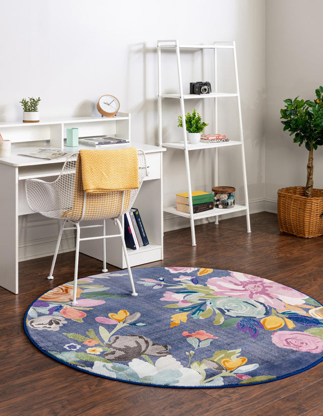 Blue 5' 3 x 5' 3 Blossom Round Area Rug 100% Polypropylene With Cotton Backing Easy Clean Colorful Blooming Blossoming Flower Floral Plant Carpet for Living Dining Room Office Dorms for Sale at Rug Engine