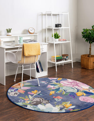 Blue 10' x 10' Blossom Round Area Rug 100% Polypropylene With Cotton Backing Easy Clean Colorful Blooming Blossoming Flower Floral Plant Carpet for Living Dining Room Office Dorms for Sale at Rug Engine