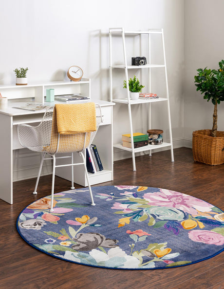 Blue 10' x 10' Blossom Round Area Rug 100% Polypropylene With Cotton Backing Easy Clean Colorful Blooming Blossoming Flower Floral Plant Carpet for Living Dining Room Office Dorms for Sale at Rug Engine