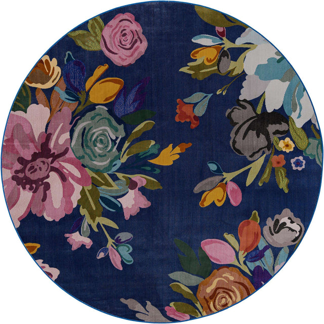 Blue 7' x 7' Blossom Round Area Rug 100% Polypropylene With Cotton Backing Easy Clean Colorful Blooming Blossoming Flower Floral Plant Carpet for Living Dining Room Office Dorms for Sale at Rug Engine