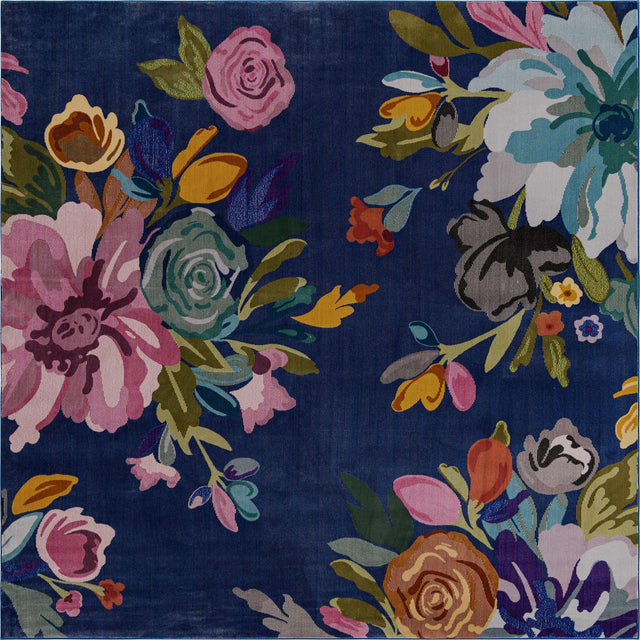 Blue 10' x 10' Blossom Square Area Rug 100% Polypropylene With Cotton Backing Easy Clean Colorful Blooming Blossoming Flower Floral Plant Carpet for Living Dining Room Office Dorms for Sale at Rug Engine