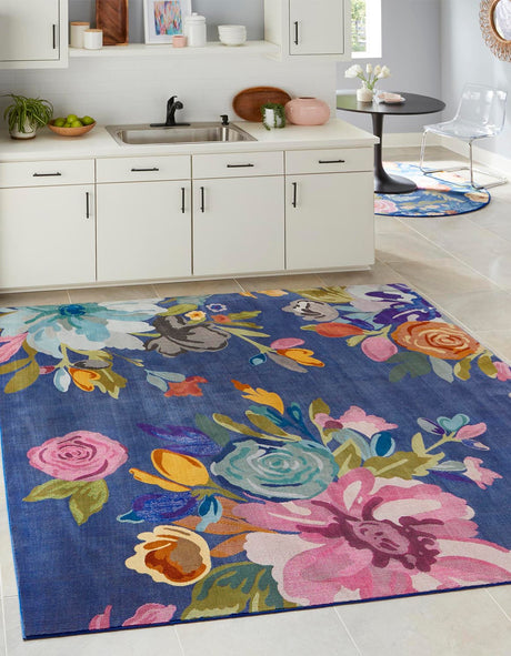 Blue 10' x 10' Blossom Square Area Rug 100% Polypropylene With Cotton Backing Easy Clean Colorful Blooming Blossoming Flower Floral Plant Carpet for Living Dining Room Office Dorms for Sale at Rug Engine