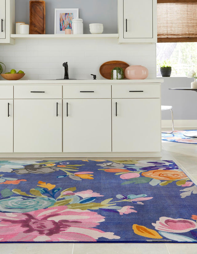Blue 10' x 10' Blossom Square Area Rug 100% Polypropylene With Cotton Backing Easy Clean Colorful Blooming Blossoming Flower Floral Plant Carpet for Living Dining Room Office Dorms for Sale at Rug Engine