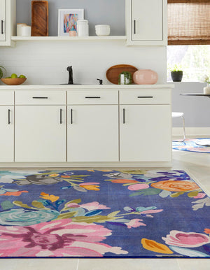 Blue 7' 10 x 7' 10 Blossom Square Area Rug 100% Polypropylene With Cotton Backing Easy Clean Colorful Blooming Blossoming Flower Floral Plant Carpet for Living Dining Room Office Dorms for Sale at Rug Engine