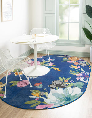 Blue 7' 10 x 10' Blossom Oval Area Rug 100% Polypropylene With Cotton Backing Easy Clean Colorful Blooming Blossoming Flower Floral Plant Carpet for Living Dining Room Office Dorms for Sale at Rug Engine