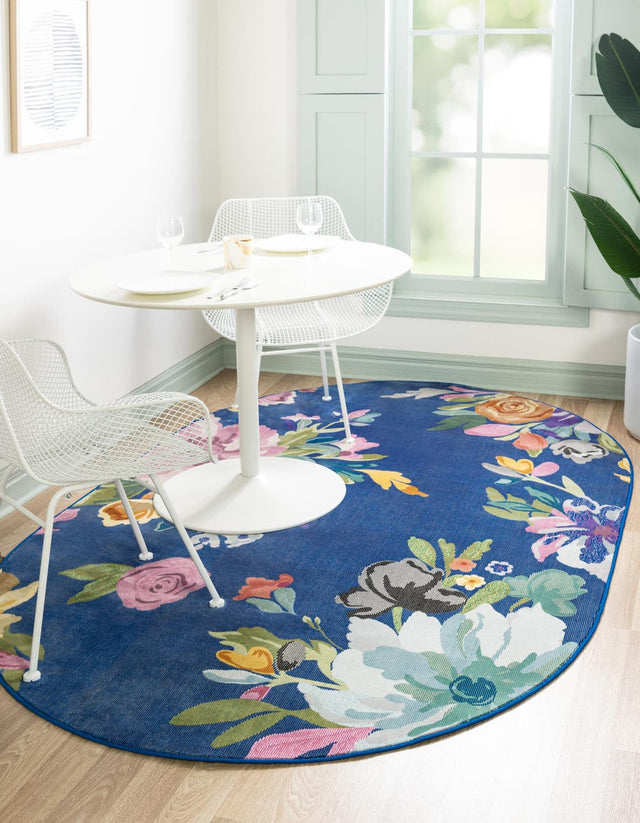 Blue 5' 3 x 7' 10 Blossom Oval Area Rug 100% Polypropylene With Cotton Backing Easy Clean Colorful Blooming Blossoming Flower Floral Plant Carpet for Living Dining Room Office Dorms for Sale at Rug Engine