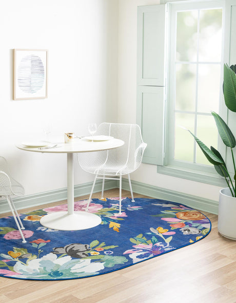 Blue 5' 3 x 7' 10 Blossom Oval Area Rug 100% Polypropylene With Cotton Backing Easy Clean Colorful Blooming Blossoming Flower Floral Plant Carpet for Living Dining Room Office Dorms for Sale at Rug Engine